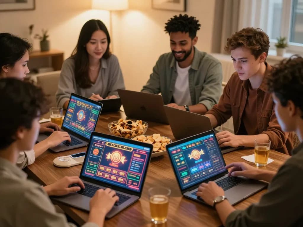 Friends engaging in online gambling at home with KKWIN interface on their devices