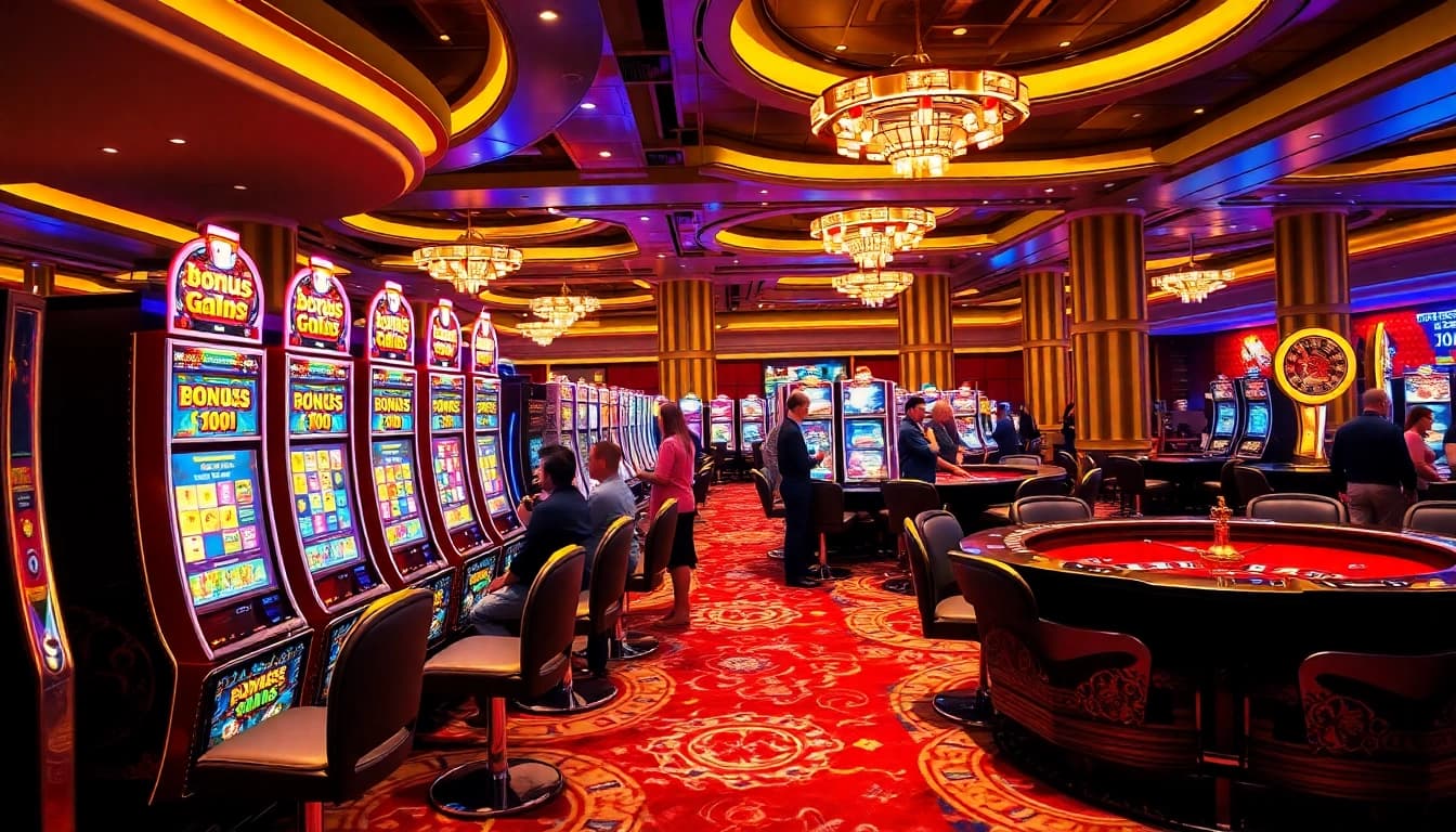 Pemain menikmati promosi slot bonus 100 di area mesin slot kasino yang semarak.