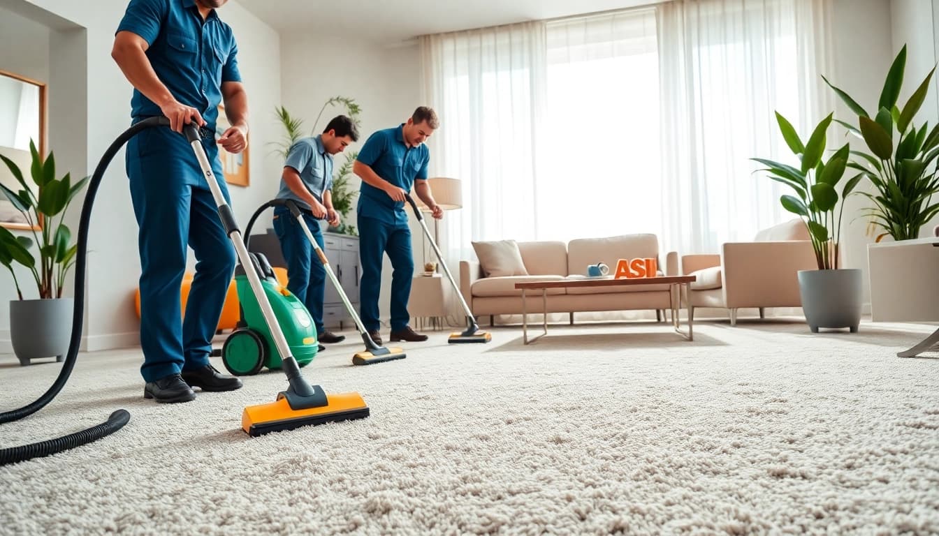 Local carpet cleaners effectively cleaning a plush carpet in a modern living room.