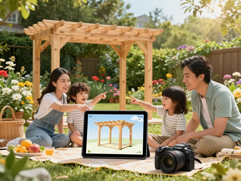 Family interacting with a 3D pergola configurator in a vibrant garden.