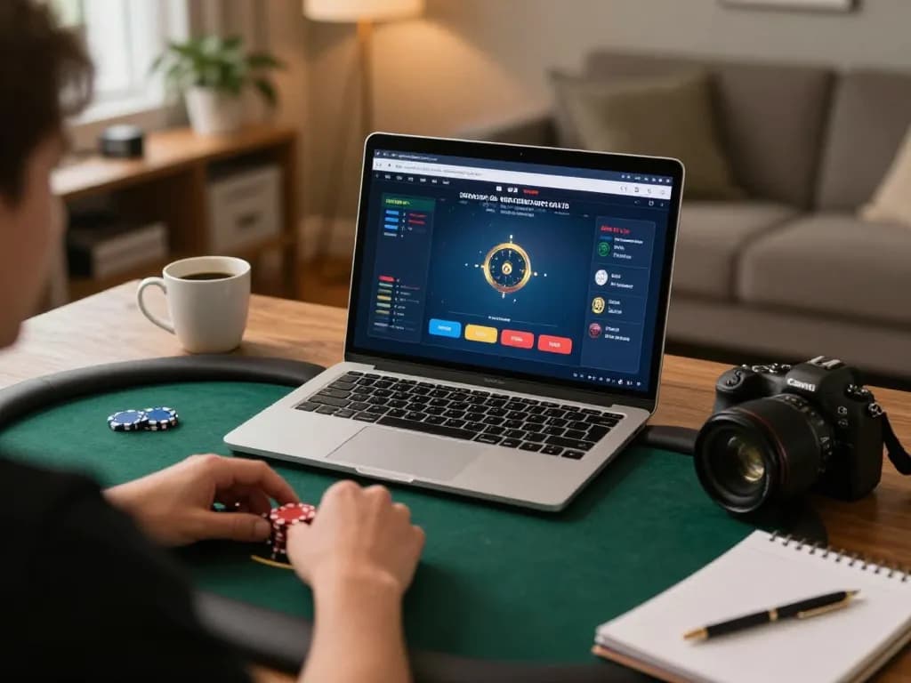 Engaging in vipwin online poker game, dynamic gameplay displayed on laptop, cozy home environment.