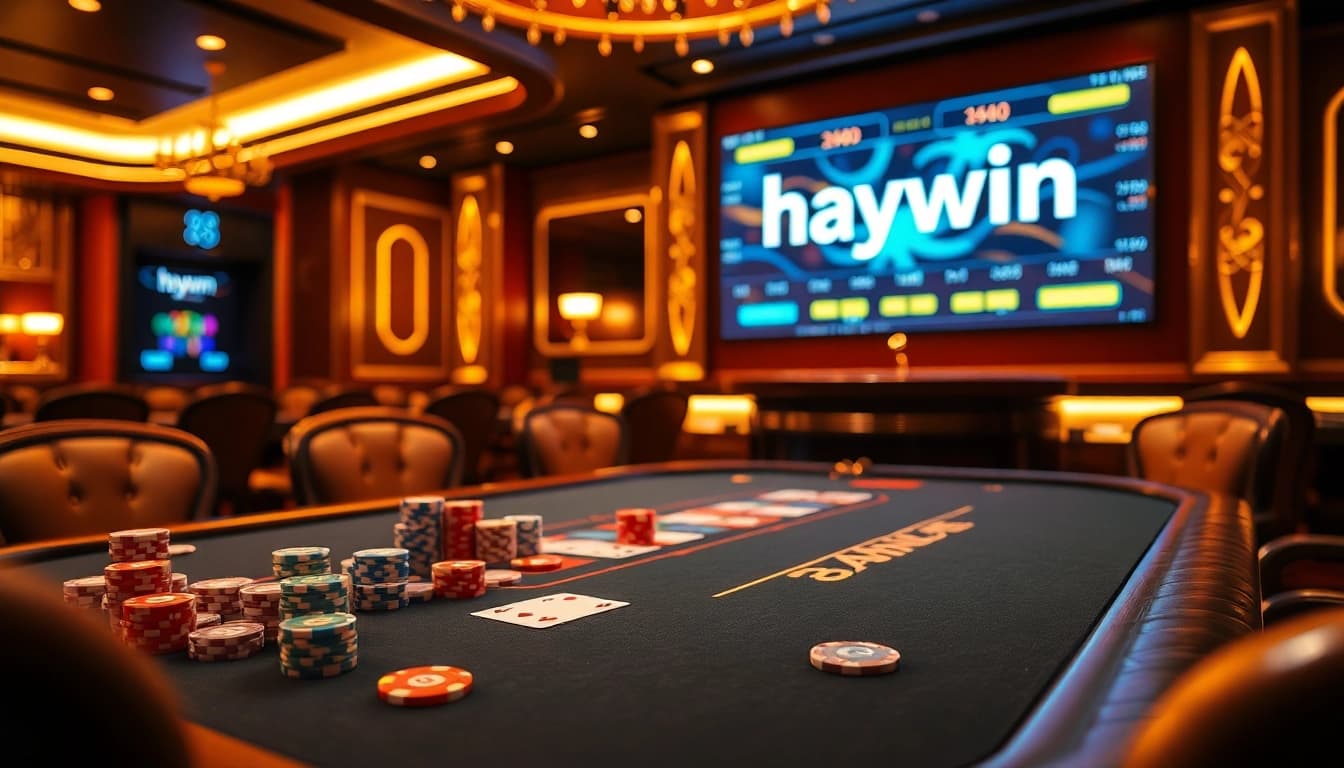 Experience thrilling poker action at Haywin's professional casino table with colorful chips and cards.