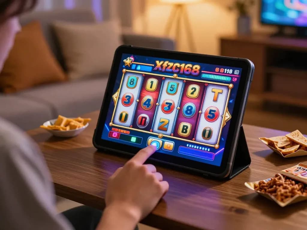 The player presses the spin button on a tablet, enjoying the slot game experience on xfzc168 in a cozy home setting.