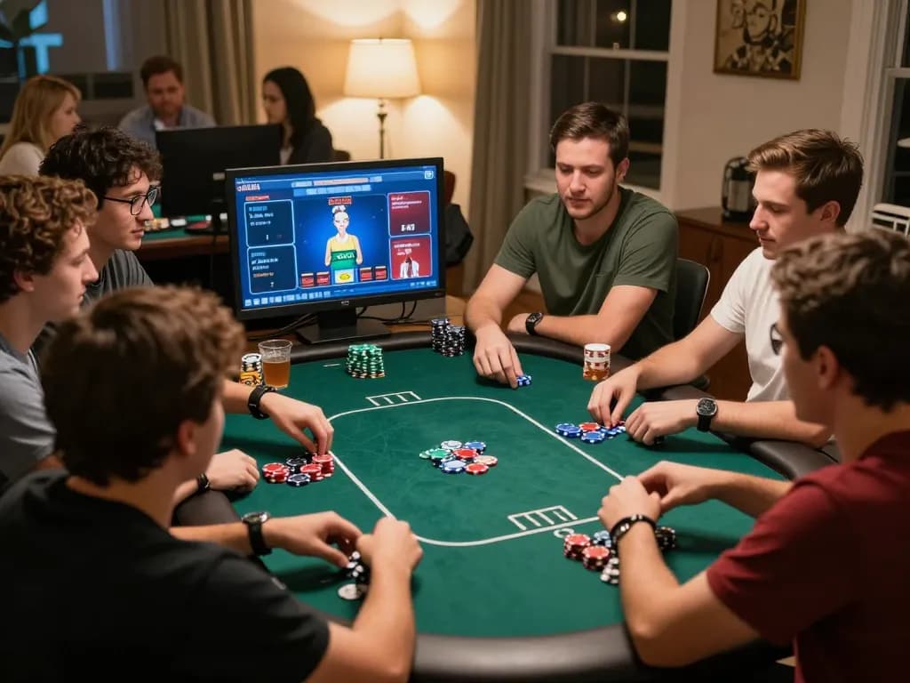 Engaged players enjoying an online poker session with sc8885, analyzing hands and discussing strategies