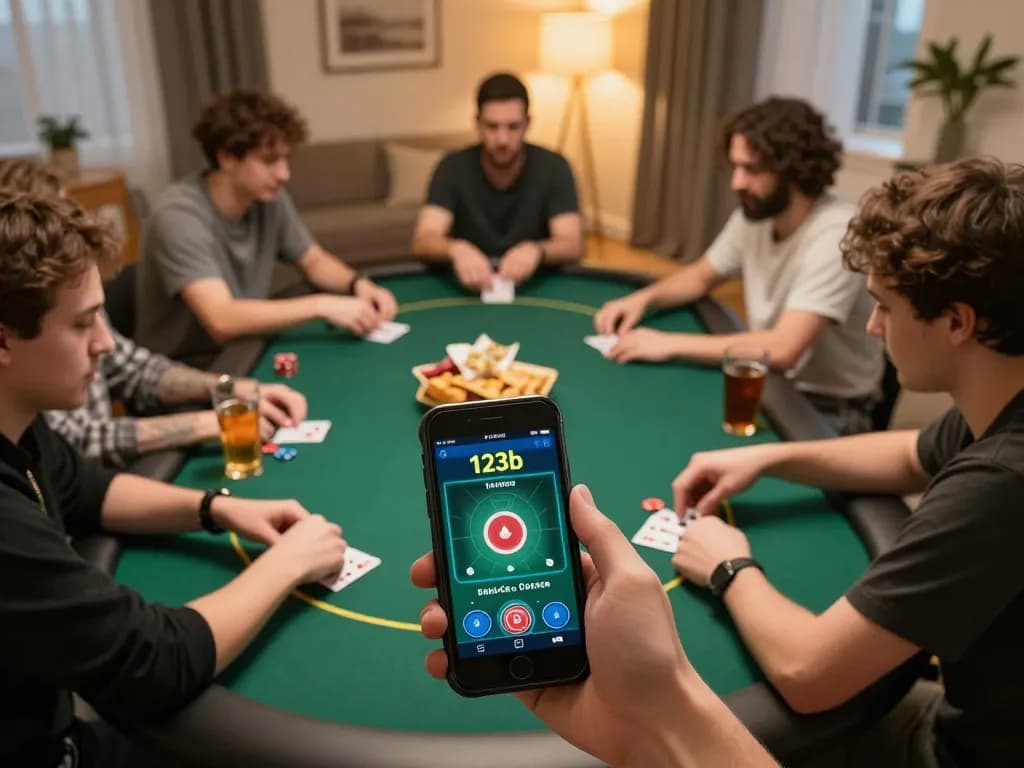 Players enjoying online poker game on 123b app with snacks, cozy home setting.