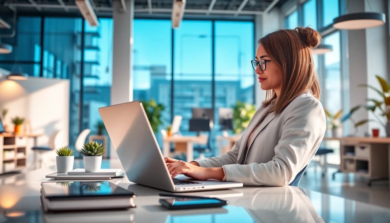 Webdesign Braunschweig: Kreativer Webdesigner in modernem Büroumfeld mit Laptop und Design-Elementen.