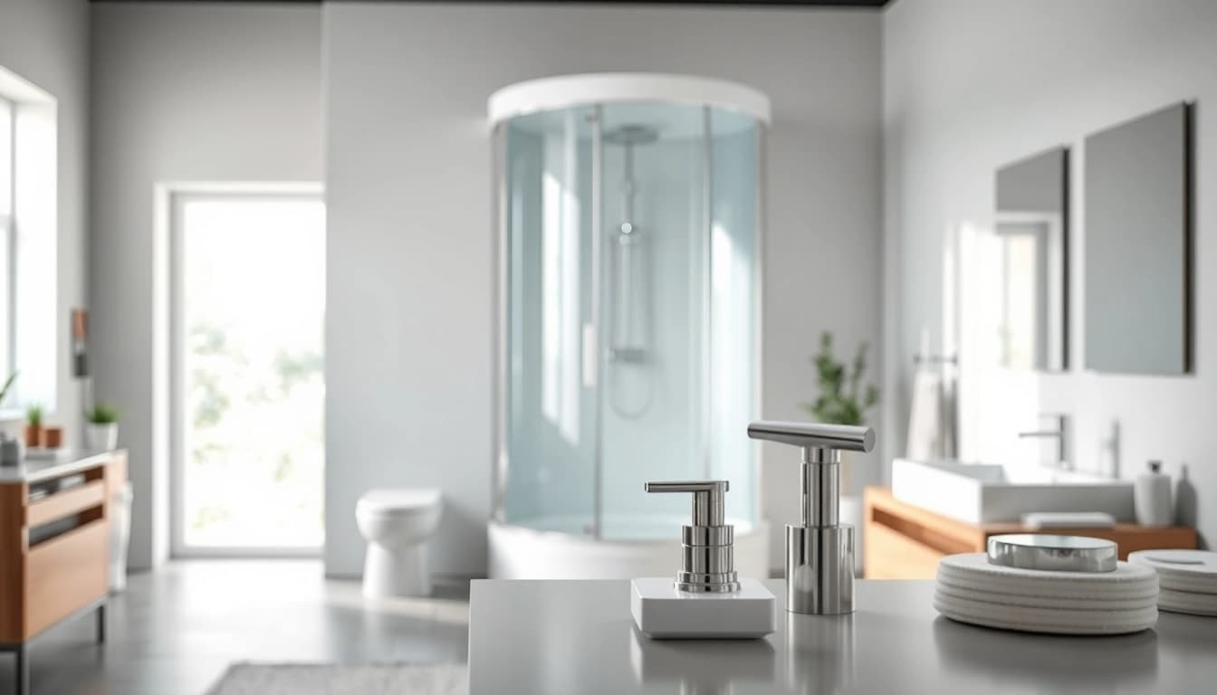 Sonni sanitär Produkte in einem modernen Badezimmer, das eine stilvolle Duschkabine zeigt.