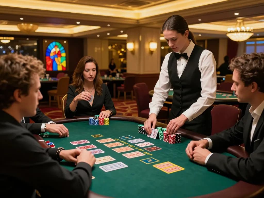 SKY88 players strategizing during an exciting Blackjack game in a luxurious casino.