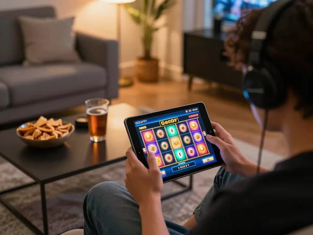Engaging in slot gacor gaming on a tablet in a cozy living room setting