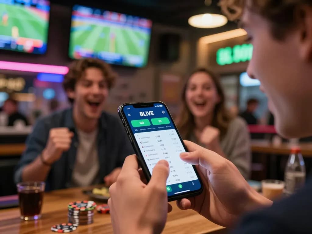 Engaging sports betting action on the 8LIVE app with friends cheering in background.
