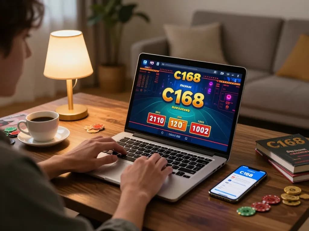 Person engaging with c168 live dealer games on their laptop at home, showcasing online gaming excitement.