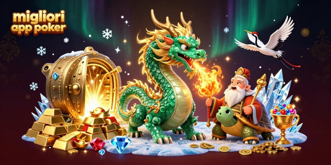 Migliori app poker: gioca con attenzione usando il drago di giada e la tartaruga saggia tra tesori e luce dorata.