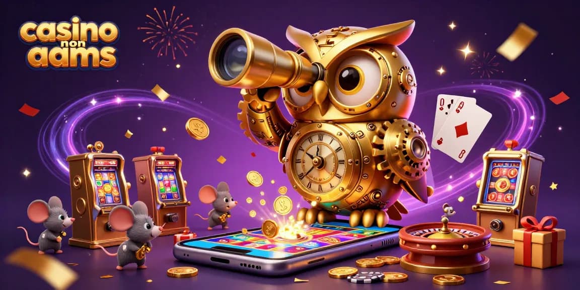 Giocatori nel casino non AAMS che sperimentano giochi innovativi con un gufo dorato che controlla tutto
