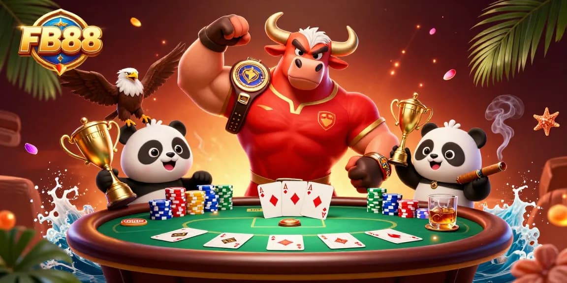 Engage in thrilling poker action at FB88 with the victorious bull mascot and friends.