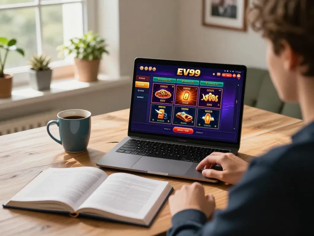 Player engaging with EV99 online casino from home, showcasing strategy and comfortable atmosphere.