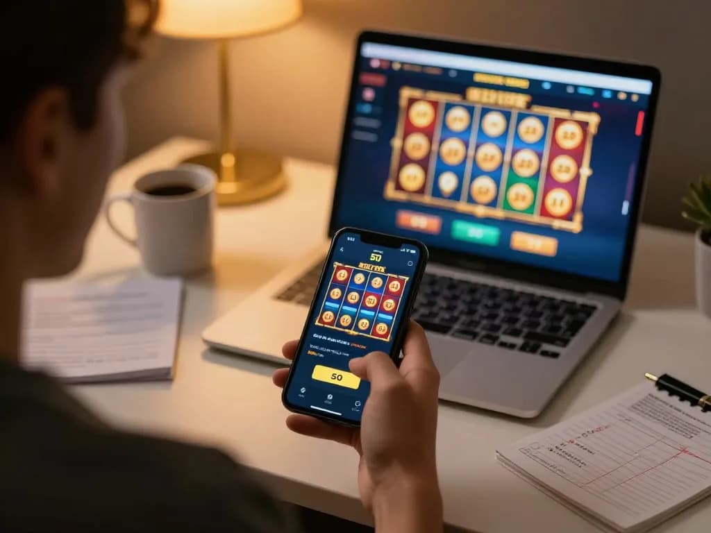 Engaging mobile gaming scene featuring slot bet 50 interface on a smartphone, emphasizing online gambling strategy.