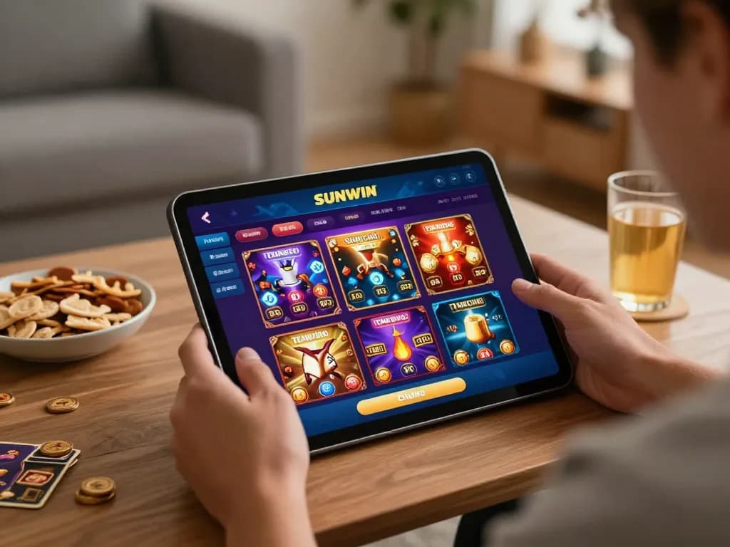 Engaging player using SUNWIN TRANG CHỦ for online gambling on tablet in a cozy setting.