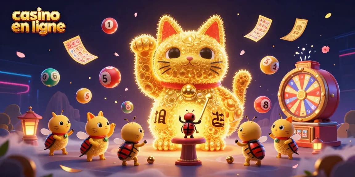 Jouez sur un casino en ligne avec une illustration dynamique de feu follet et un chat porte-bonheur.