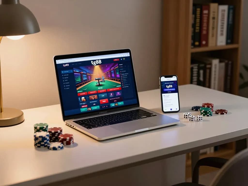 Tg88 gaming setup: Laptop with betting interface and smartphone on modern desk.
