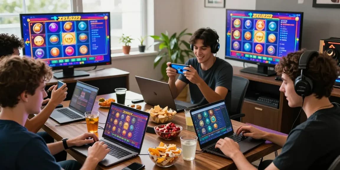 Players enjoying the apk slot gaming experience at ZEUS222 with mobile devices and dynamic graphics.