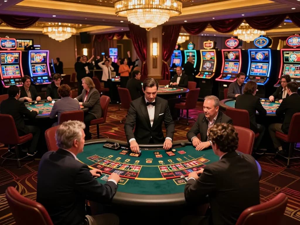 Situs amigogrillandco showcases players at bustling roulette and blackjack tables in vibrant casino night.