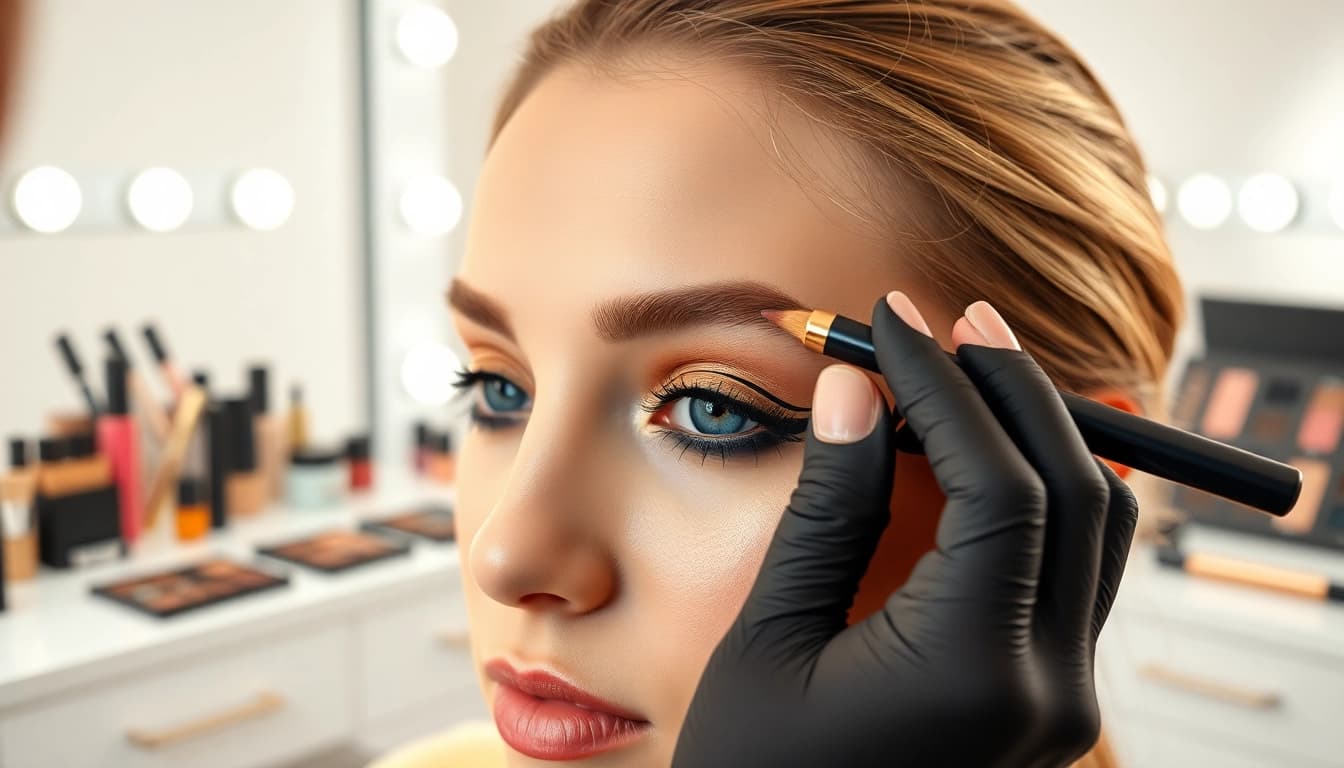Applying a tattoo eyeliner pen for precise makeup looks on model's eyes