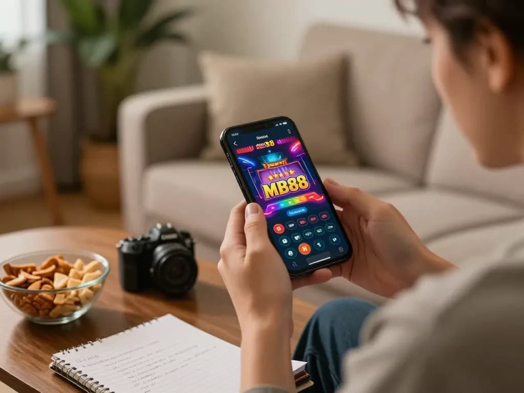 Engaging mobile betting experience using the MB88 app on a smartphone during a cozy home setting.