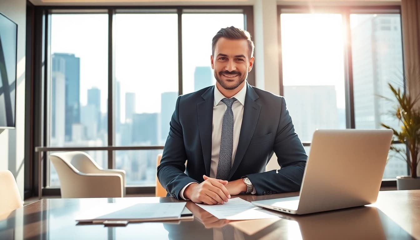 Engaged real estate lawyer advising clients in a modern office setting.