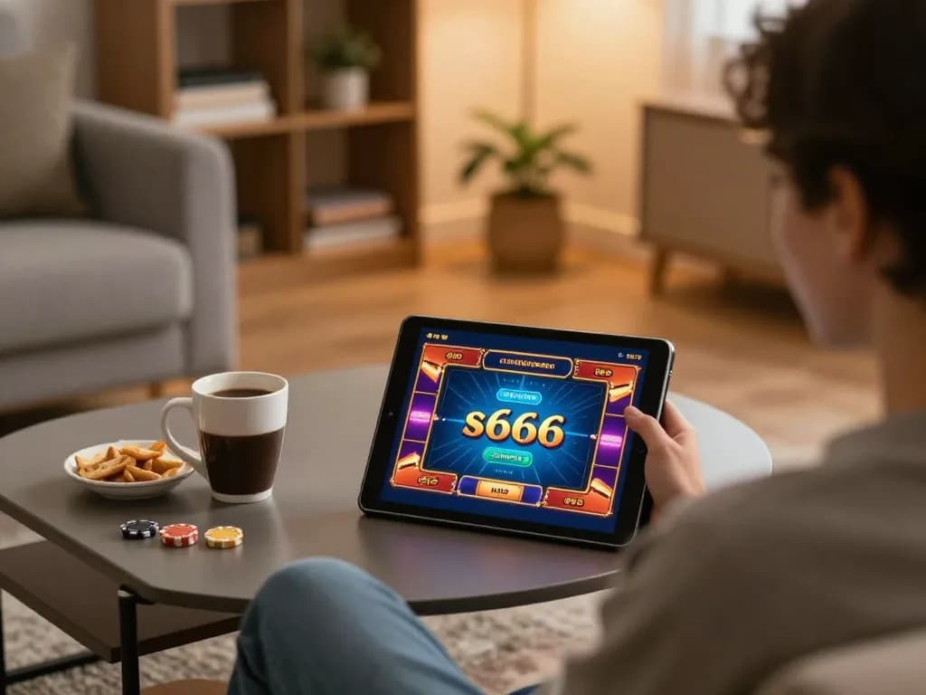 Player enjoying s666 online casino games on tablet in a cozy home setting