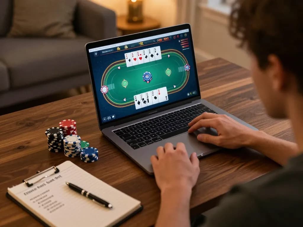 ATQ player enjoying an online poker game with strategic notes and chips in a cozy home setting