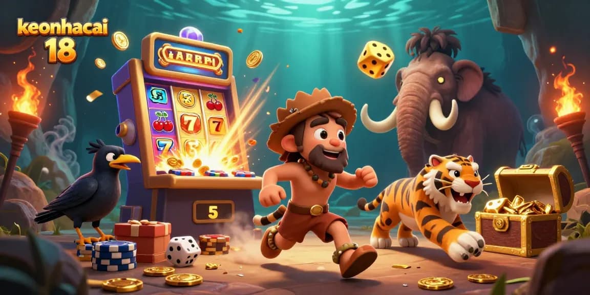Experience excitement with keonhacai 18 in a dynamic 3D prehistoric casino scene.