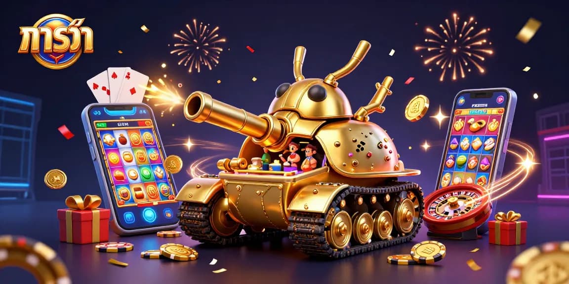 Baccarat-themed illustration showcasing a magical casino scene inside a golden beetle tank, featuring slot games and vibrant celebrations.