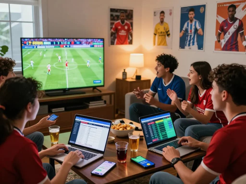 Exciting sports betting gathering displaying friends engaged in betting on xổ số hubet88 with laptops and snacks.