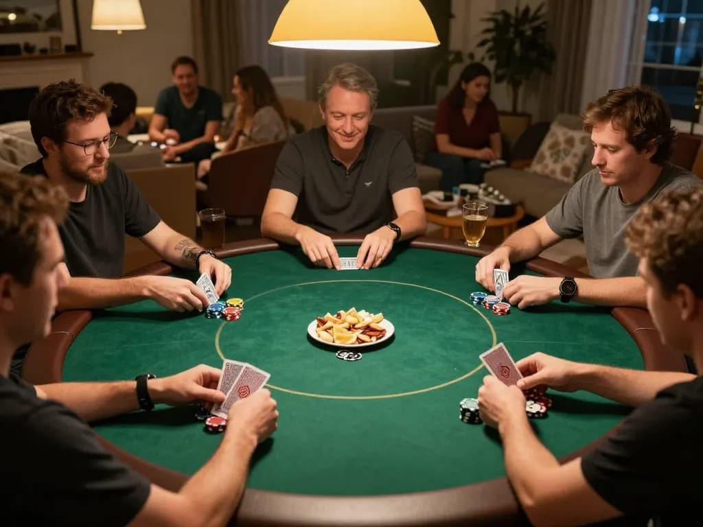 Players engaging in a friendly poker game at home, showcasing TG88's gaming community.