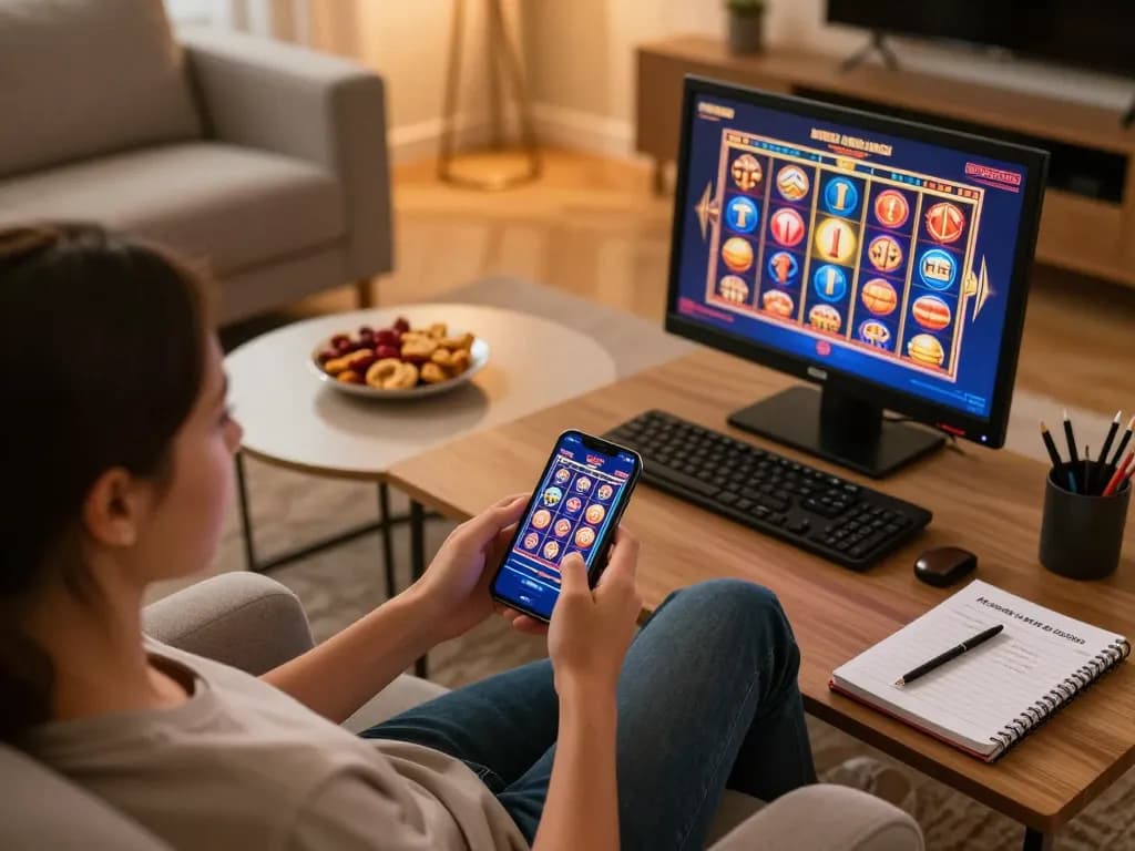 Player enjoying tg88-lc casino app on smartphone in stylish living room setting.