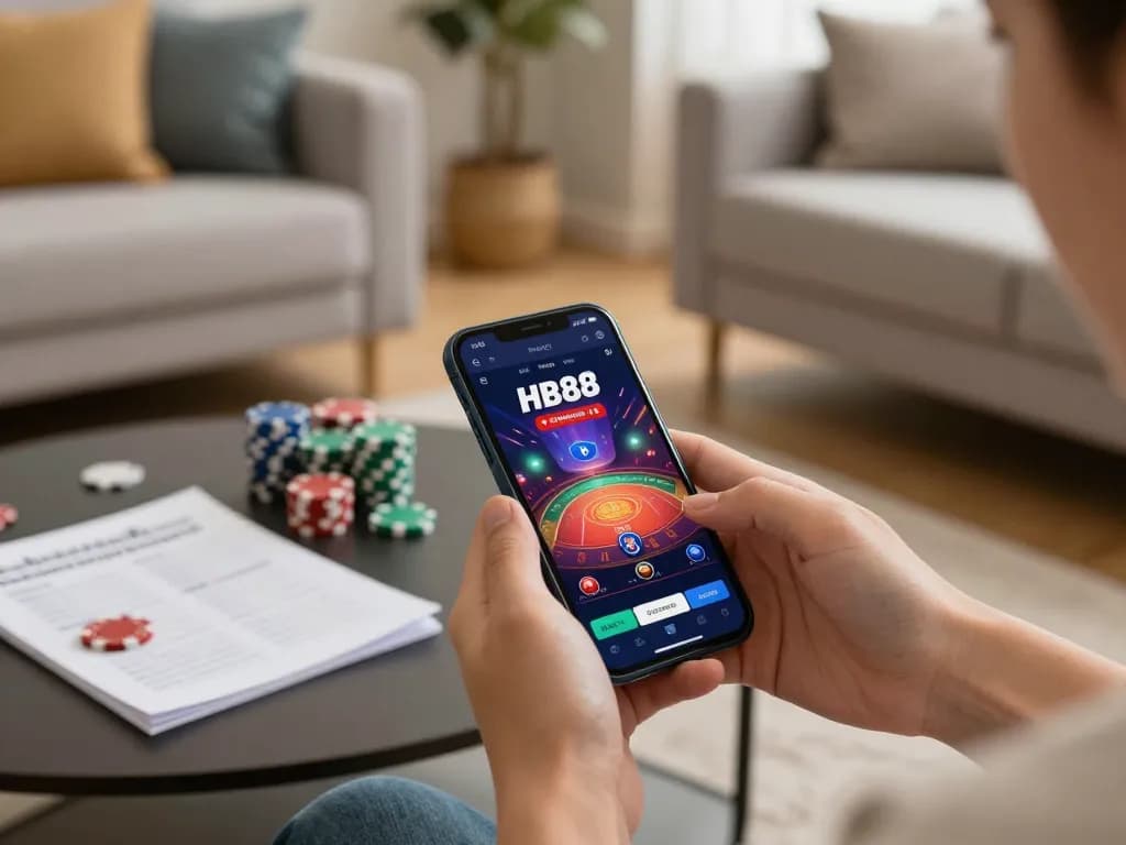 Player engaging with HB88 mobile app on smartphone in cozy living room setting