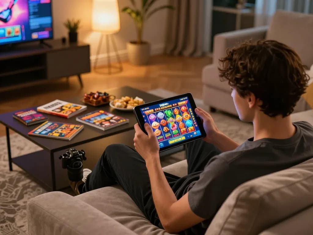 Engaging gameplay on 789win's slot games from a cozy home setup, showcasing responsible gaming.