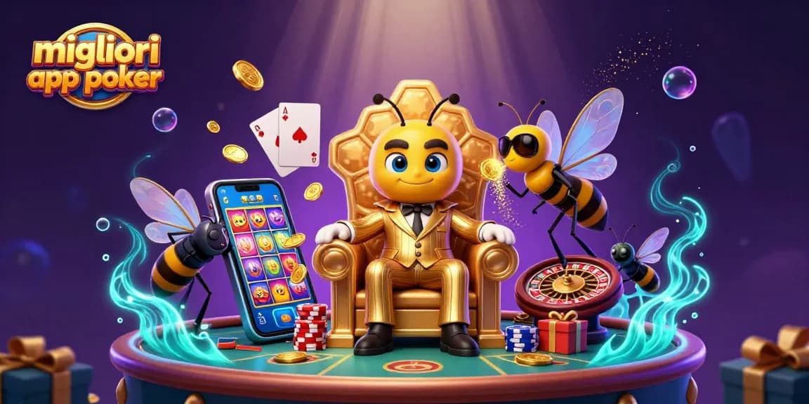 Migliori app poker con il boss dei calabroni e giochi d'azzardo in un'illustrazione vivace e ricca di dettagli.
