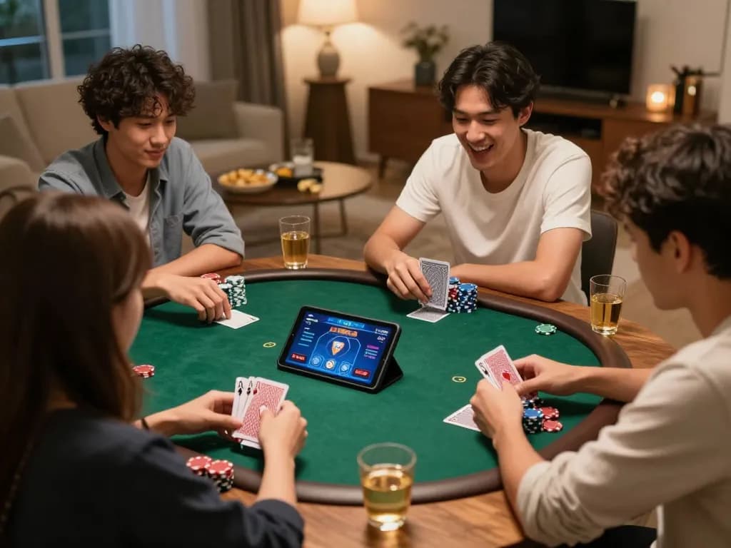 Friends enjoying an online poker game while strategizing on sc888 platform.