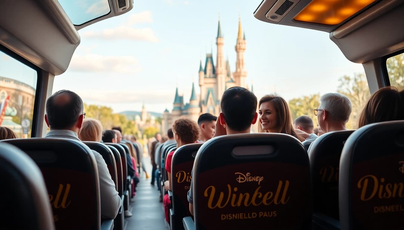 Family enjoying Disneyland Paris airport transfer services in a cheerful shuttle heading to the park.