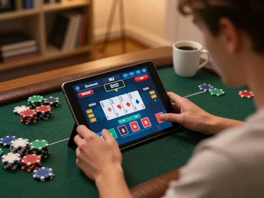 Player engaged in online poker at home using TR88, displaying cards and chips in a cozy setting.