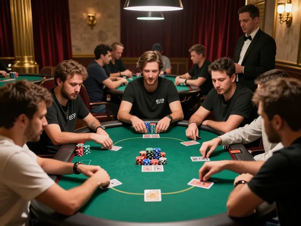 Pemain terlibat dalam poker dengan taruhan tinggi selama turnamen tegang di Paris888, memperlihatkan strategi ahli dan suasana kasino yang hidup.