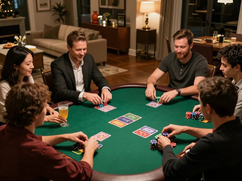 open88 players enjoying a thrilling poker game at home with chips, cards, and snacks