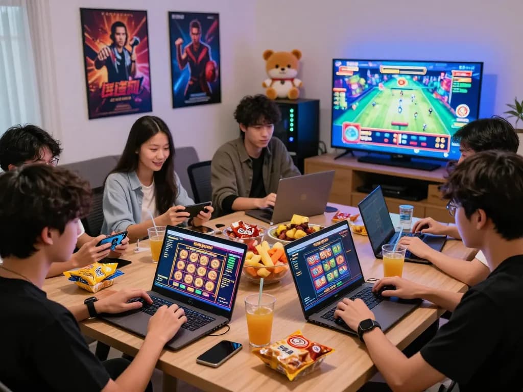 Friends enjoying a gaming session on situs gacor in a lively living room setting