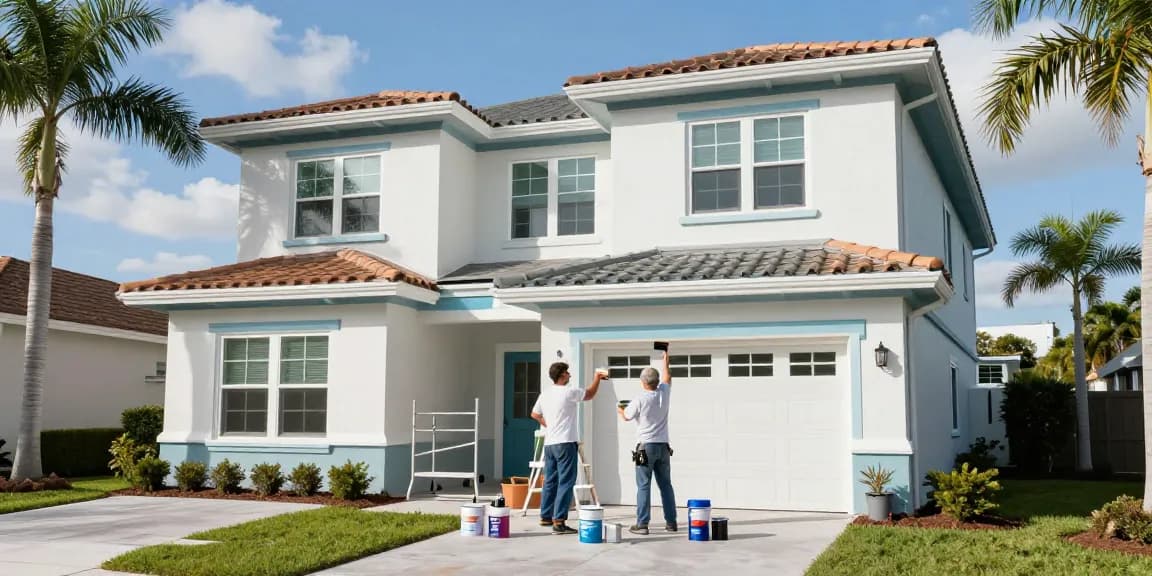 Exterior painters Sarasota County FL carefully painting a two-story home with fresh, vibrant colors under bright sunlight.