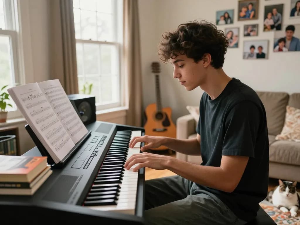 Enthusiastic musician playing the go 88 digital piano in a cozy living room.