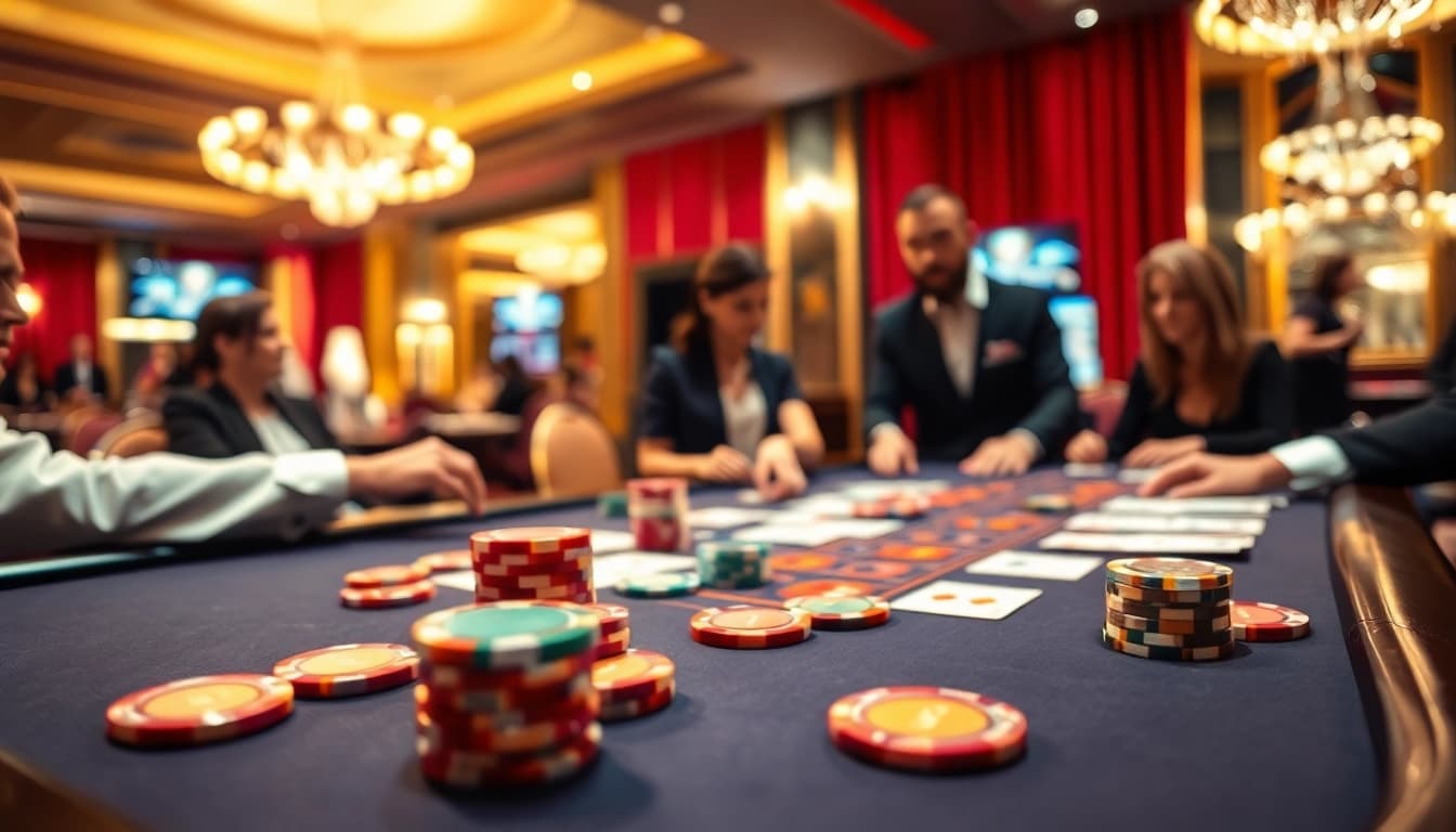Spannendes Spiel auf einem Casinotisch mit aktiven Spielern und leuchtenden Chips bei casino-spiele de.