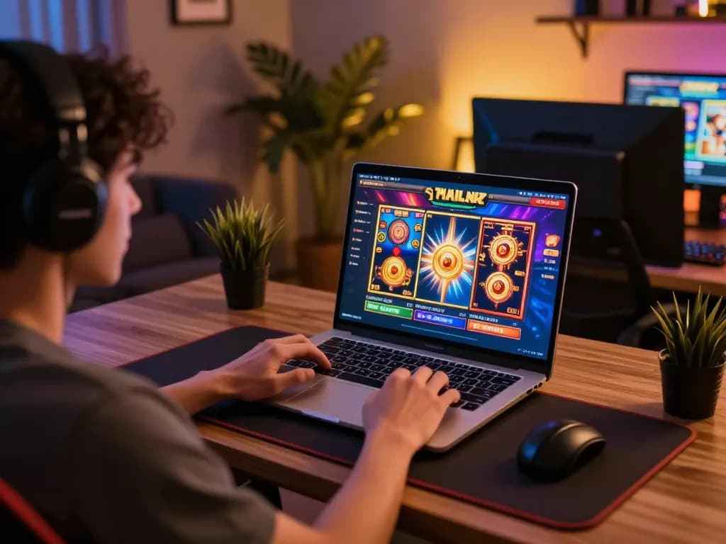 Player enjoying strategic gameplay on slot server Thailand interface from a stylish home office.