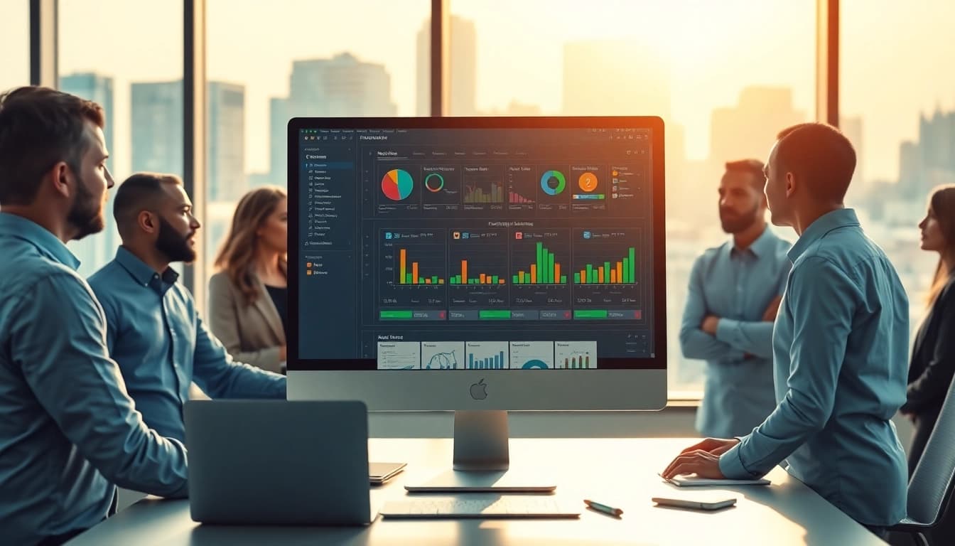 Showcasing supply chain management software interface used by professionals in a corporate office.