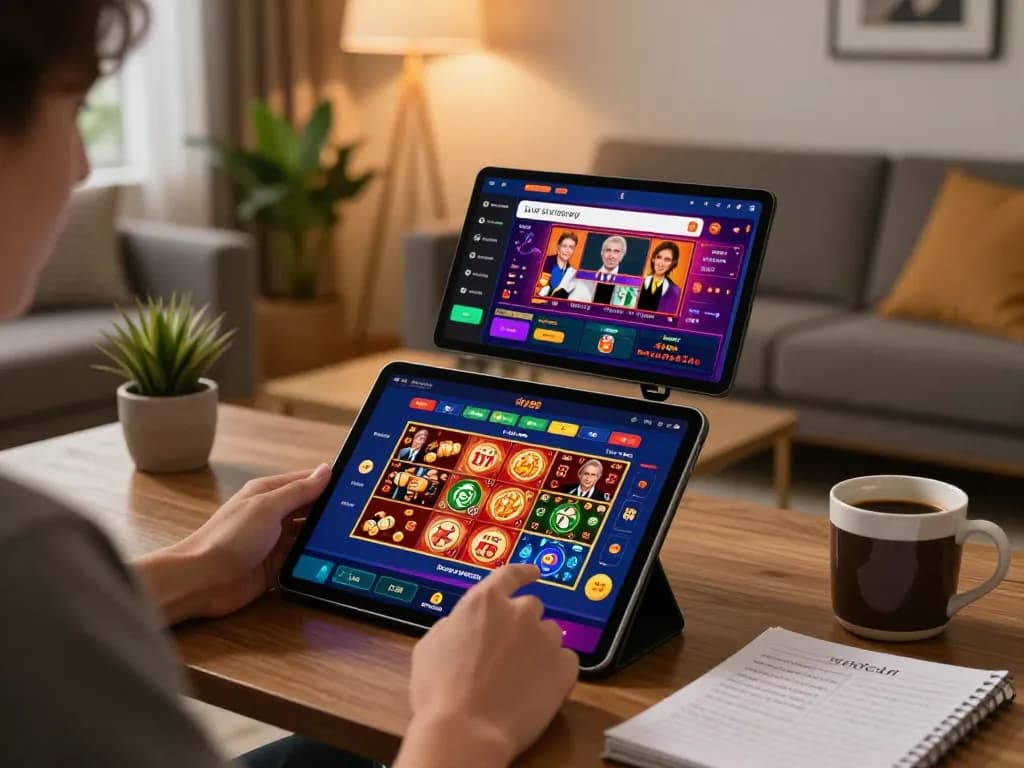 Engaging gameplay on the fly88 app with a person using a tablet at home.